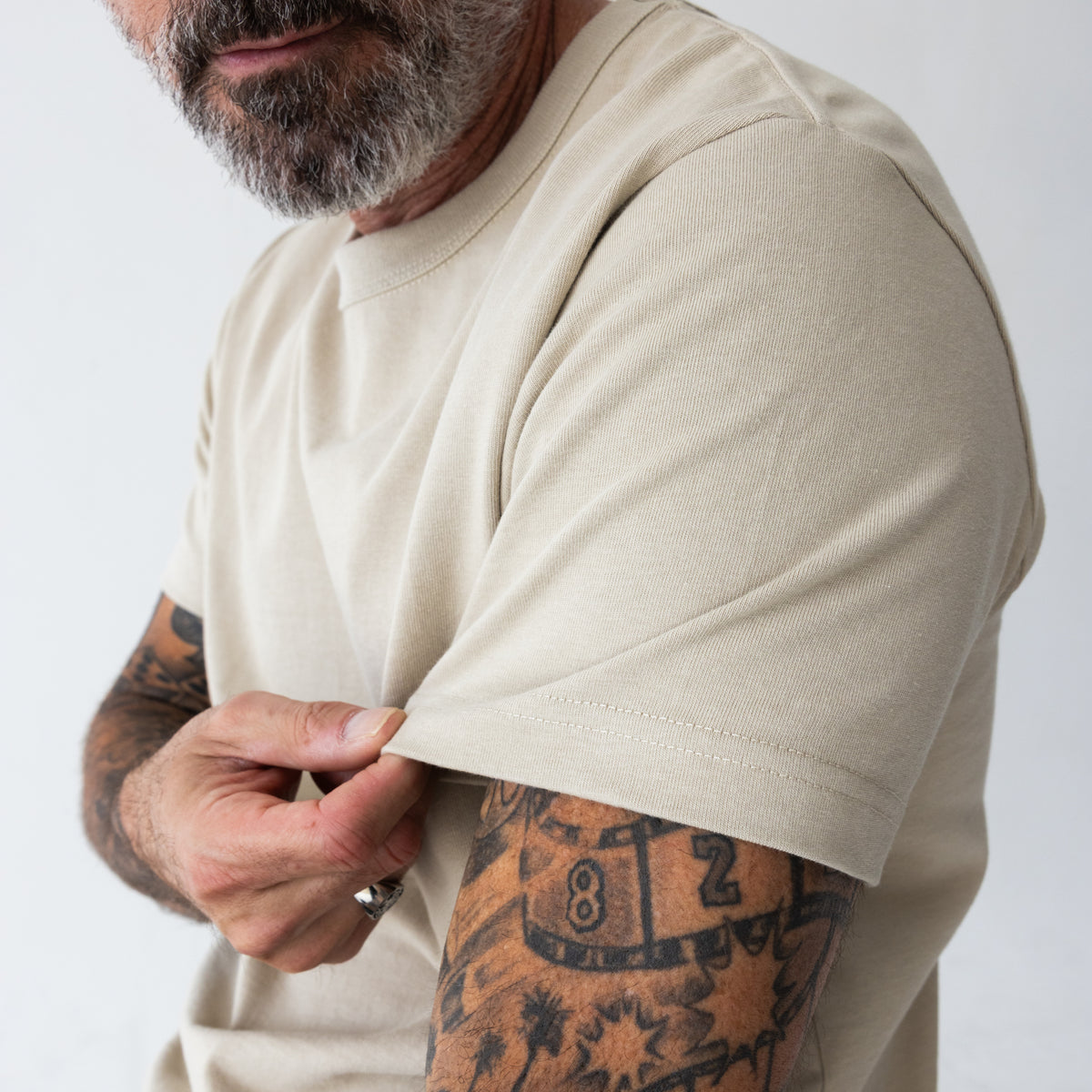 Premium Fitted Heritage Tee in Heritage Sand, sleeve detail