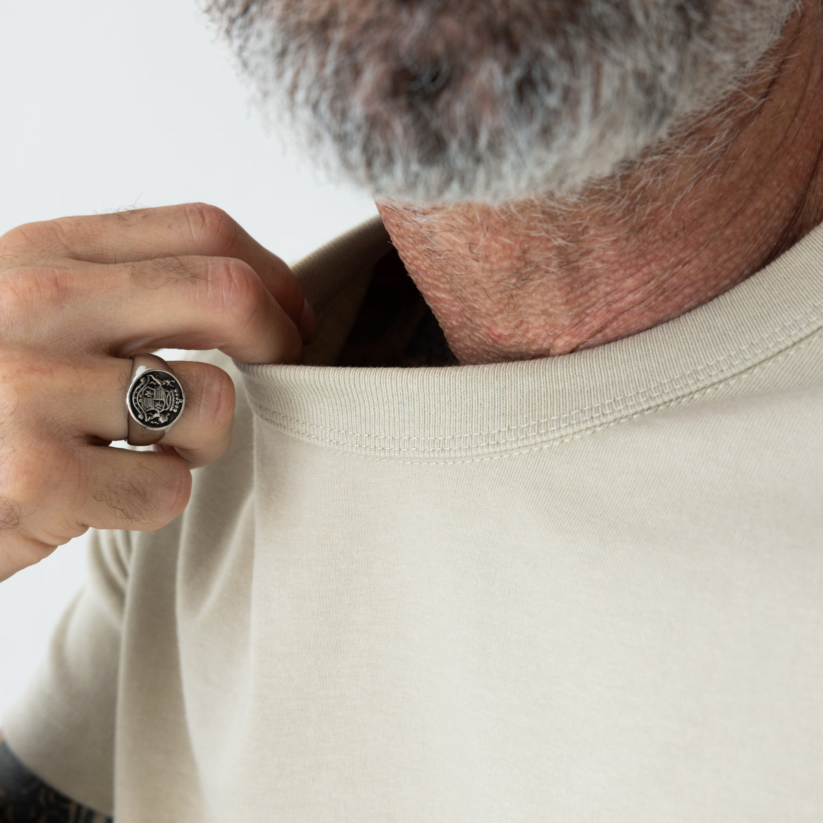 Premium Fitted Heritage Tee in Heritage Sand, collar detail