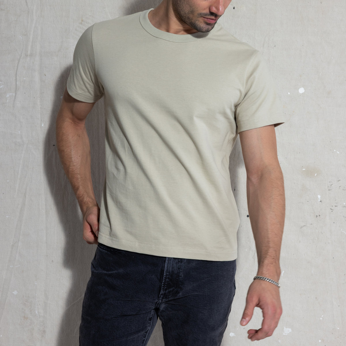 Premium Fitted Heritage Tee in Heritage Sand, front view on model